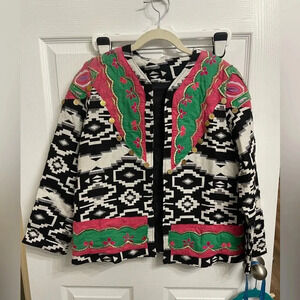 America & Beyond Women’s Pink Black White Aztec Pattern Gold Coin Jacket Sz M